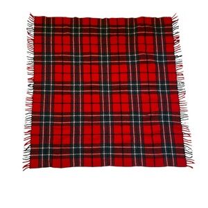 Vtg Faribo 100% Wool Red Plaid Fringed Throw Stadium Blanket (46”x45”)